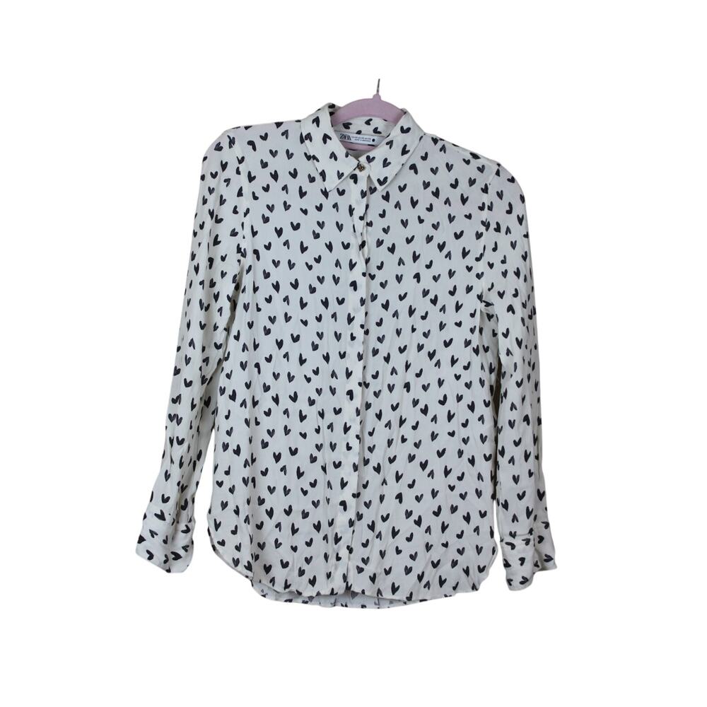 Zara White w/ Black Heart Print Button Up Long Sleeve Collar Blouse Top Size XS